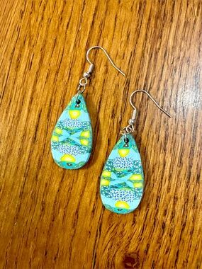 Handmade Polymer Turquoise and Yellow Teardrop Dangle Earrings - Women's Jewelry